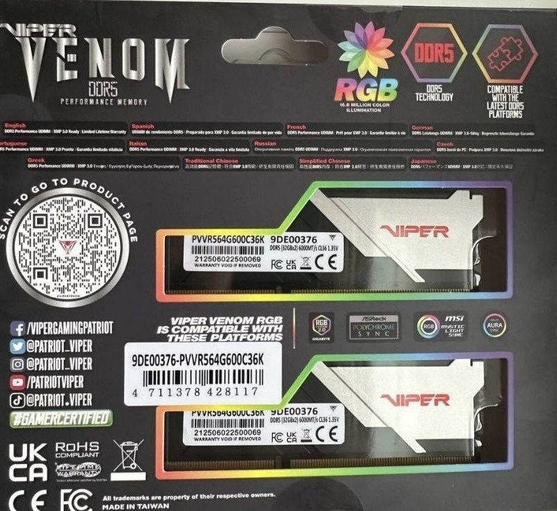 Ddr5 64gb 6000cl36 viper venom RGB, Нова на пломбі Харків - фото 2