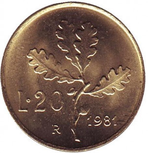 Дубовая ветвь. Монета 20 лир. 1975,81,89 год, Италия.(АМ) Полтава - изображение 1