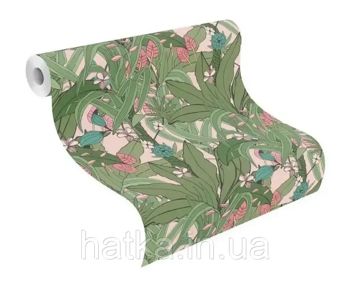 Шпалери вінілові на флізеліні Rasch Clasik 0,53 джунглі пальми квіти яскраво-зелені рожеві сині Київ - фото 4