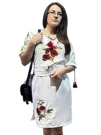 Украинское женское белое вышитое платье «Мак-ромашка» с поясом 58 Киев