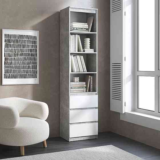 Пенал для книг VAYS R-25 Бетон-Білий фасад, з відкритими полицями та шухлядами, без ручок, ЛДСП, 50×40×211 см - для вітальні, спальні, офісу Львів