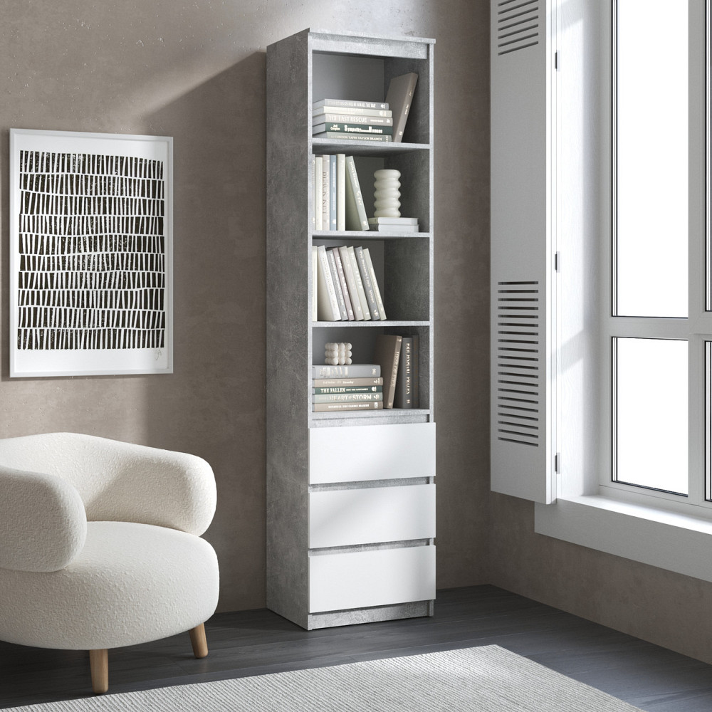Пенал для книг VAYS R-25 Бетон-Білий фасад, з відкритими полицями та шухлядами, без ручок, ЛДСП, 50×40×211 см - для вітальні, спальні, офісу Львів - фото 1
