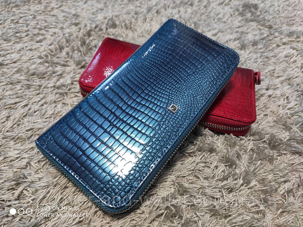 Бірюзовий лаковий жіночий гаманець на блискавці з натуральної шкіри Hassion Київ - фото 2