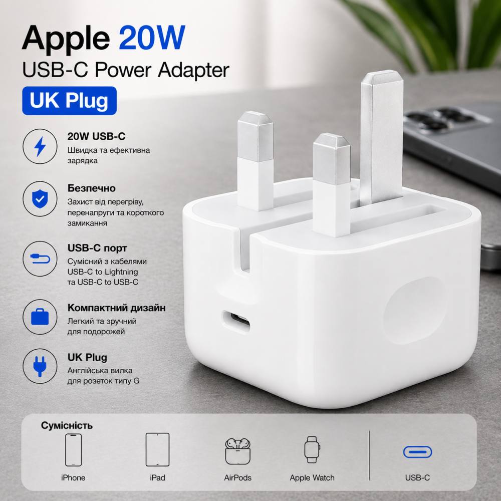 Адаптер питания Apple 20W USB-C, UK Plug, английская вилка, быстрая зарядка для iPhone, iPad, AirPods, Apple Watch Киев - изображение 1