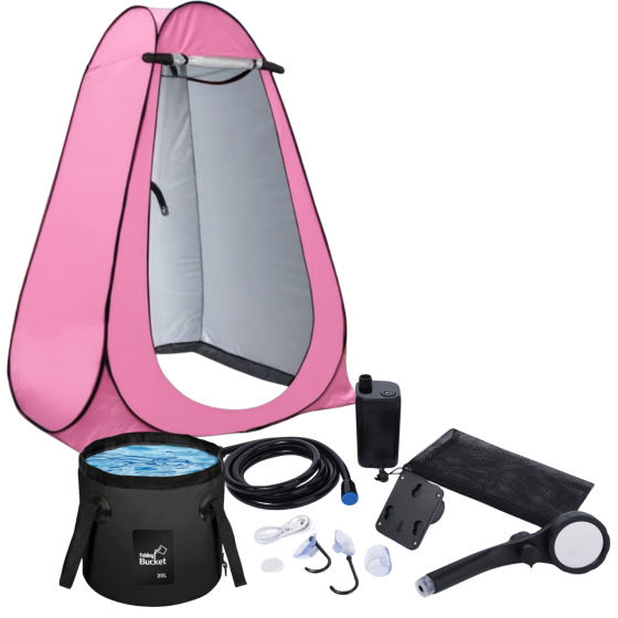 Душ туристичний портативний 3в1 з наметом: акумуляторний кемпінговий мобільний душ + відро для кемпінгу і походів, рожевий Кам'янець-Подільський