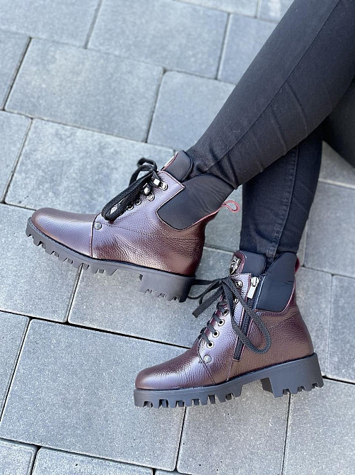 Черевики жіночі Odzi бордові натуральна шкіра з хутром висота 14см каблук 4см розмір 37 (2358) Коломыя - изображение 1