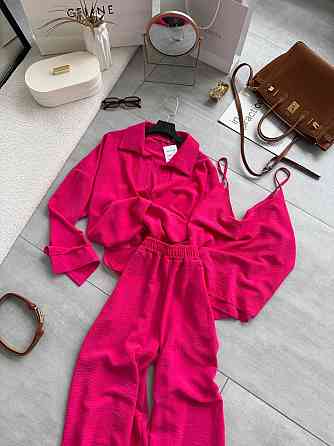 Жіночий легкий прогулянковий костюм-трійка: сорочка майка та штани креп жатка Малина, 48/50 Одеса