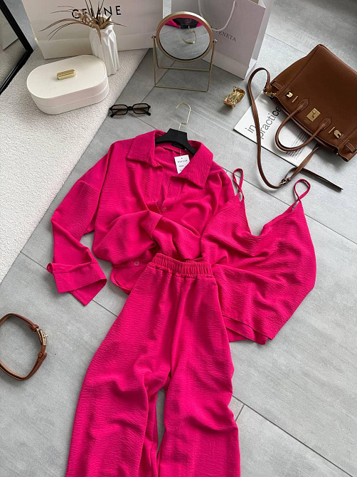 Жіночий легкий прогулянковий костюм-трійка: сорочка майка та штани креп жатка Малина, 48/50 Одеса - фото 2