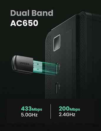 Дводіапазонний бездротовий Wi-Fi USB адапттер Ugreen AC650 2,4 ГГц CM448 20204 (Чорний) Николаев