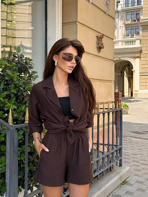 Женский летний базовый костюм двойка: шорты + рубашка свободного кроя лен бохо Одесса - изображение 7