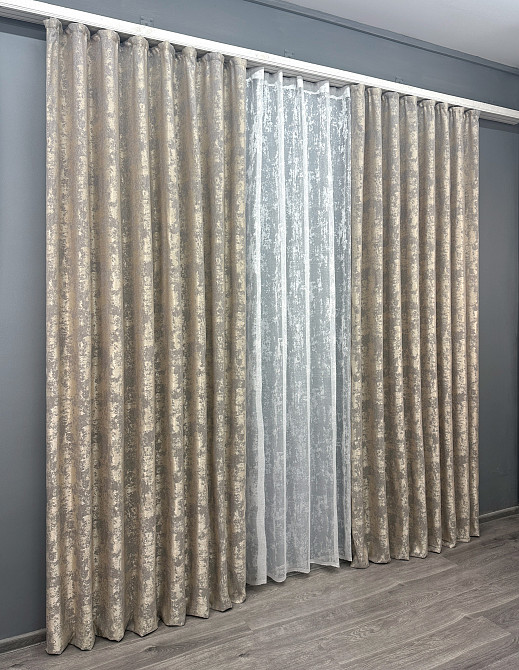 Комплект штор VR-Textil Жакард Мармур 200х270 2шт і Тюль 600х270 1144ш-1400т Кавово-сірий з білим 71-117/7 Київ - фото 3