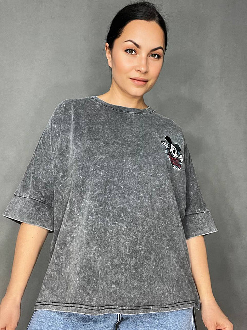 Футболка женская A-N 26030 вареная тай-дай оверсайз с вышивкой Mickey Mouse, серый, one size Киев - изображение 9