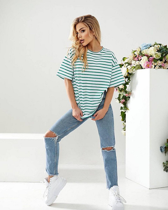 Подовжена футболка в смужку "Modis" оптом | Батал Зелений, 50-52 Київ - фото 3