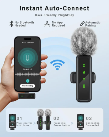 Беспроводной петличный микрофон Jubolion H63, 2 микрофона, USB-C/Lightning, шумоподавление, 30 м, Black Киев
