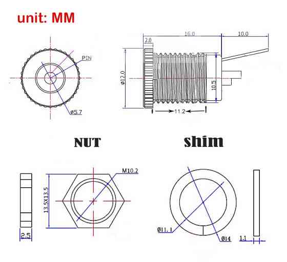 Разъем питания DC099 с резьбой, 5 шт, металл Киев