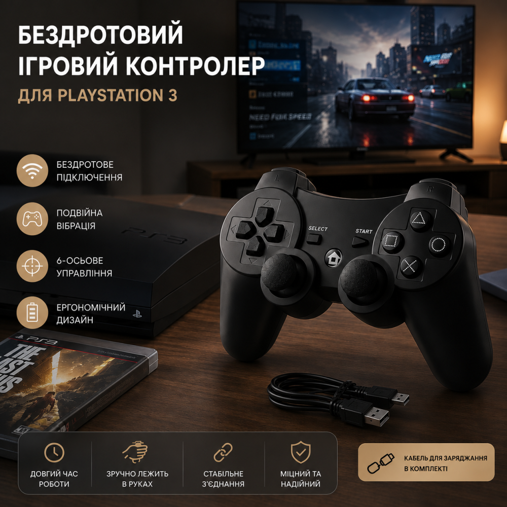 Беспроводной игровой контроллер Diswoe для PlayStation 3 и ПК — Bluetooth Геймпад, Double Shock, 6-осевой гироскоп, Черный Киев - изображение 10
