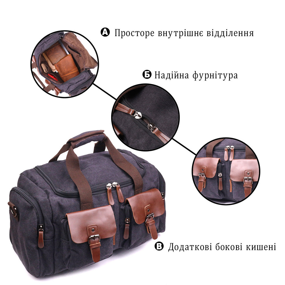 Велика дорожня сумка текстильна Чорна (Vintage) Київ - фото 8