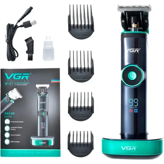 Професійна машинка для стрижки волосся VGR V-671 Black з підставкою, LED дисплеєм та насадками Одеса