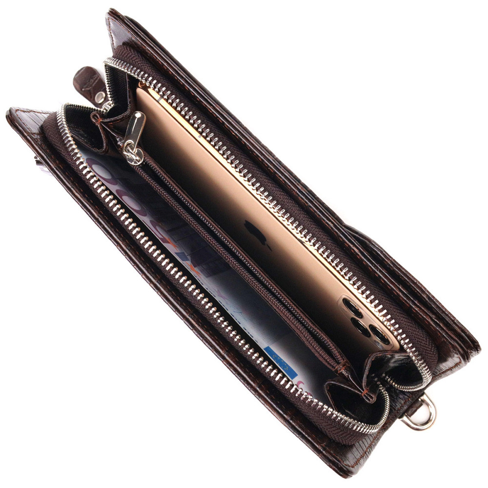 Функціональне портмоне клатч із натуральної шкіри Коричневе (CANPELLINI) Київ - фото 1