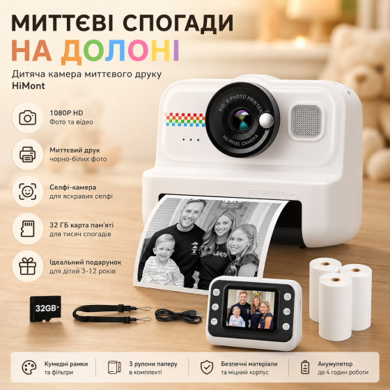 Детский фотоаппарат мгновенной печати HiMont KC02 Pink — Цифровая селфи-камера 1080P, карта 32 ГБ, 3 рулона бумаги, игры Киев