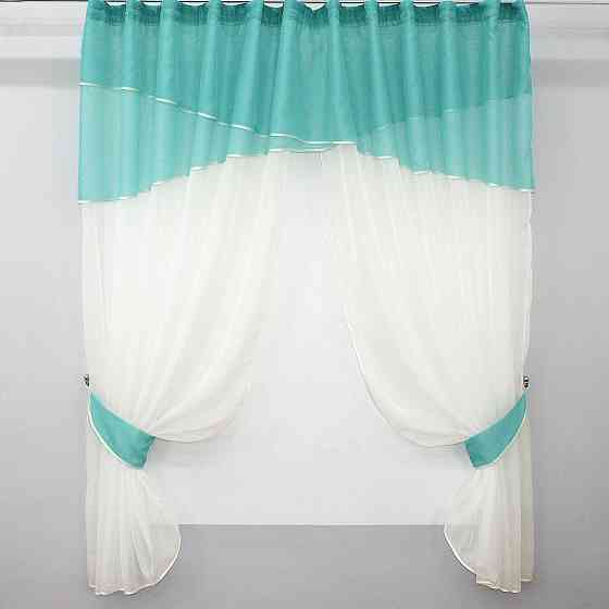 Кухонные шторы VR-Textil № 091к с ламбрекеном и подвязками бирюзовый с молочным 280х170 см (50-270) Киев