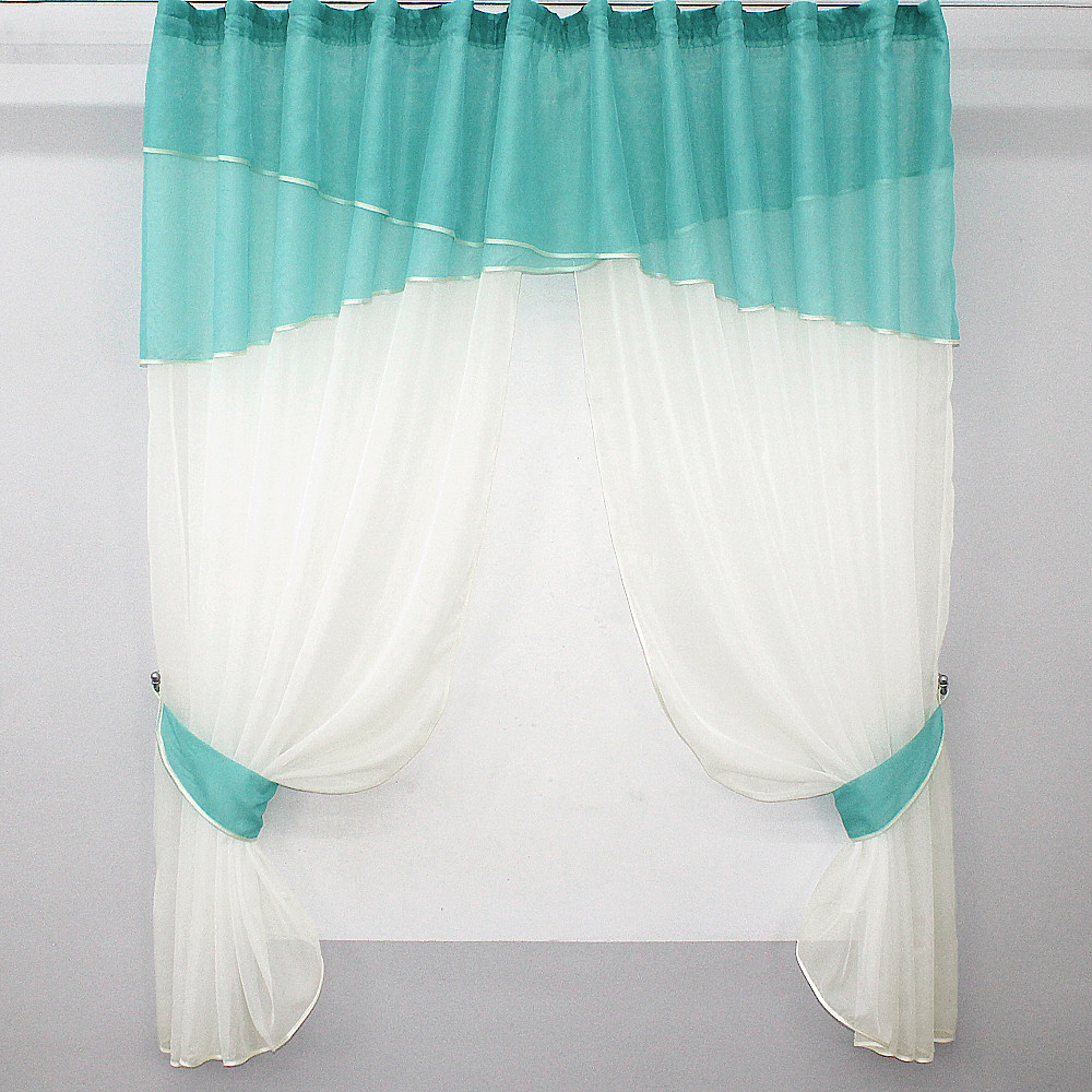 Кухонные шторы VR-Textil № 091к с ламбрекеном и подвязками бирюзовый с молочным 280х170 см (50-270) Киев - изображение 1