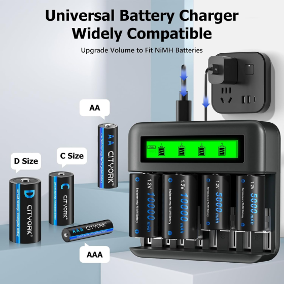 Зарядное устройство CITYORK + 4 аккумулятора C 5000 mAh | 8 слотов AA/AAA/C/D | LCD дисплей | USB Type-C Киев