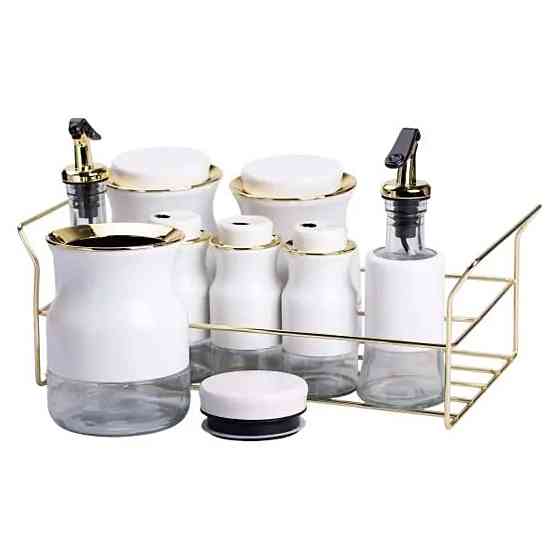 Набір для спецій на підставці з пляшками для олії та оцту 8 предметів Білий HP-1360W Коломия