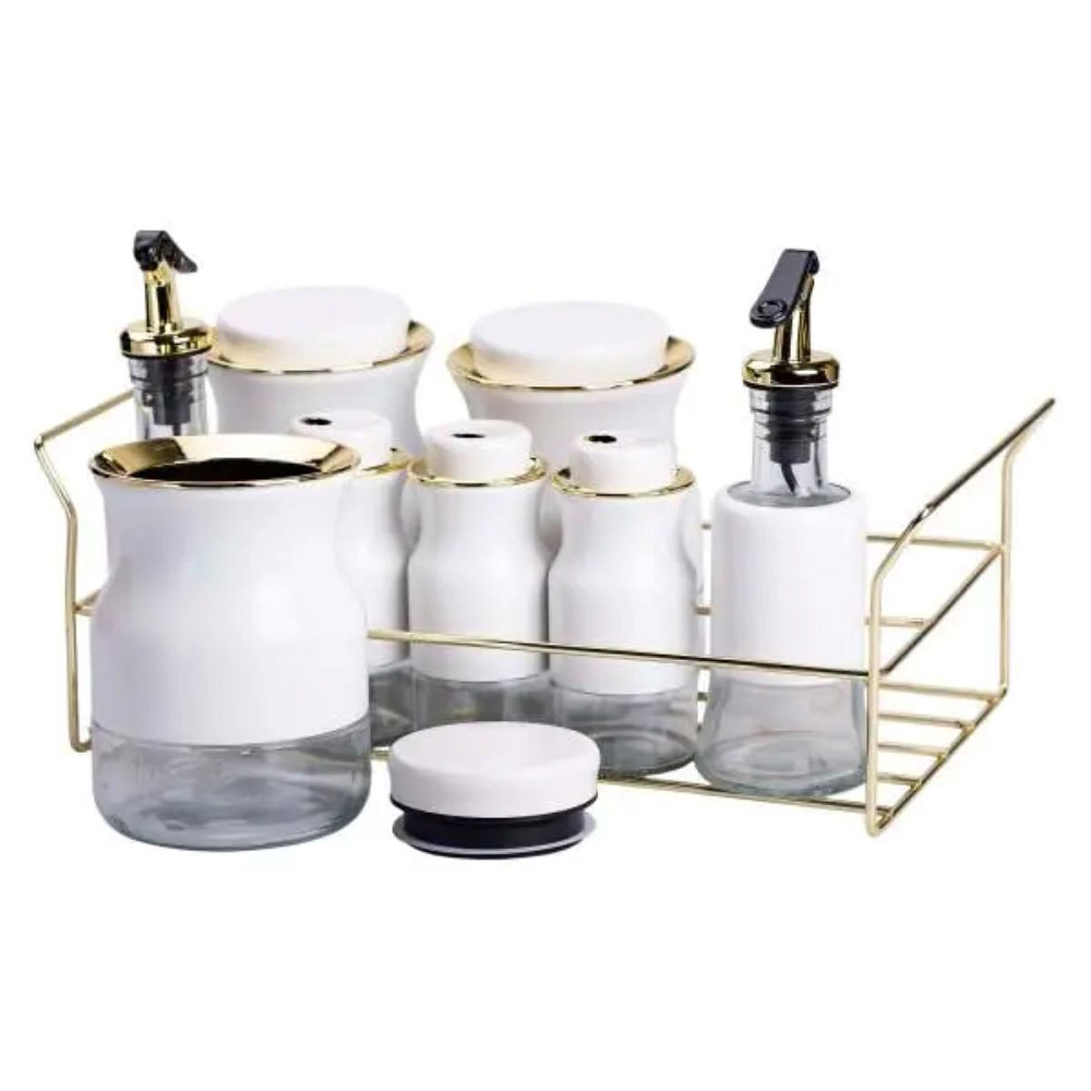 Набір для спецій на підставці з пляшками для олії та оцту 8 предметів Білий HP-1360W Коломыя - изображение 5