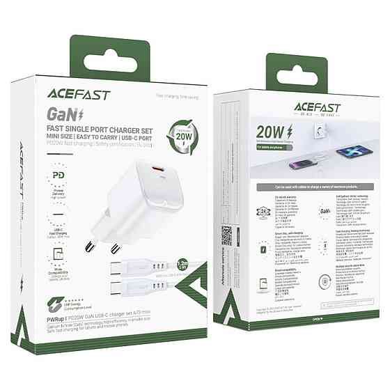 Мережевий зарядний пристрій ACEFAST A77 mini PD30W GaN single USB-C charger set (C3-03) White (6974316282853) Київ