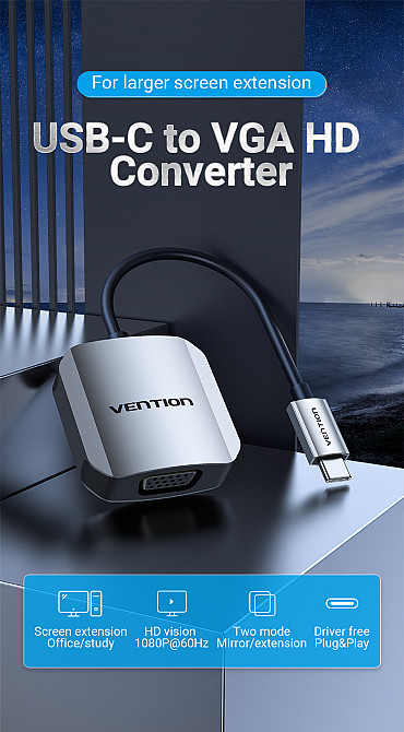 Перехідник USB 3.1 Type-C --> VGA (F), 1080p 60Hz, кабель 0.15м, Vention сірий Вінниця - фото 2