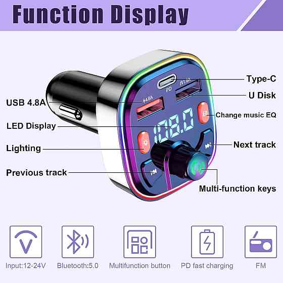 Автомобільний трансмітер Bluetooth Q5 BT5.0 RGB підсвітка PD18W.EQ Луцк