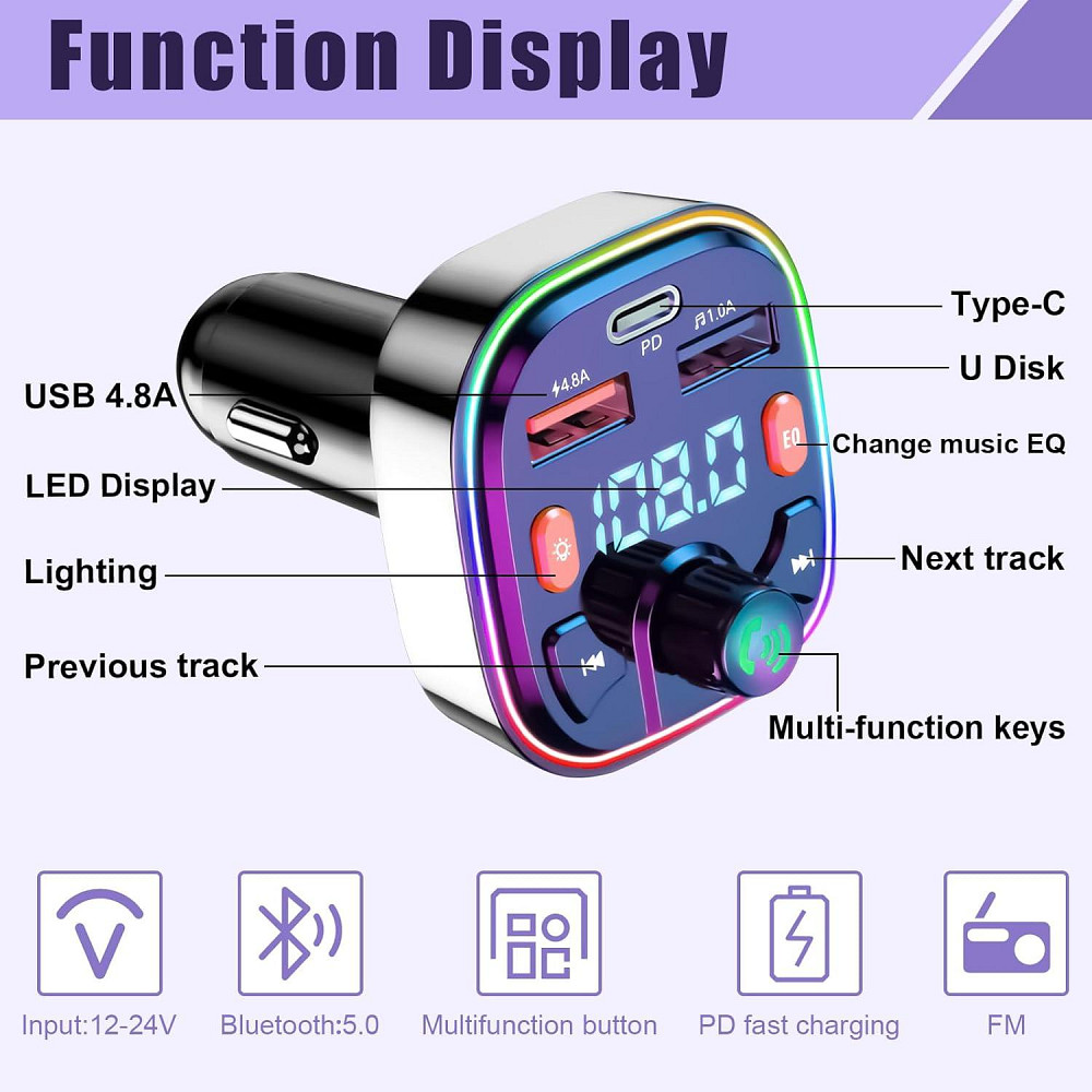 Автомобільний трансмітер Bluetooth Q5 BT5.0 RGB підсвітка PD18W.EQ Луцк - изображение 2