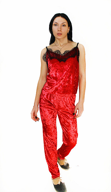 Жіноча піжама велюрова майка і штани Червоний S Харків - фото 3