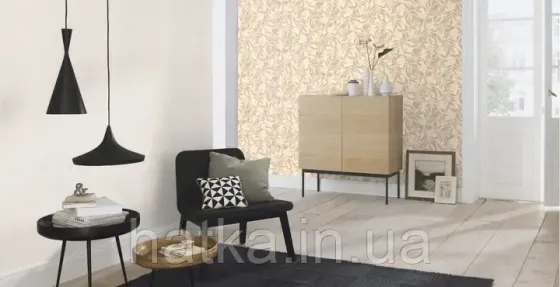 Шпалери вінілові на флізеліні Rasch Clasik 0,53х10 листя гілки ефект розмитості бежеві на білому Київ