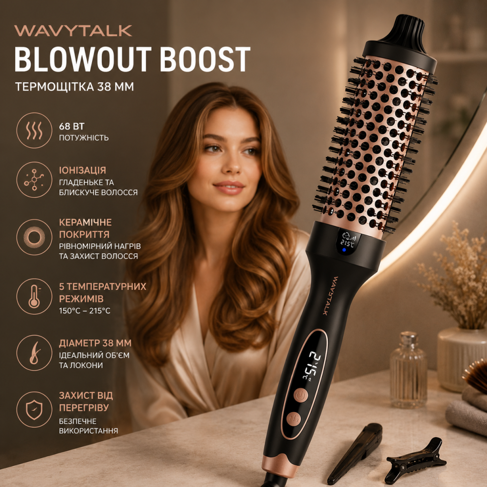 Термощетка Wavytalk Blowout Boost 38 мм, 68 Вт, ионизация, керамика, 5 температур 150–215°C Киев - изображение 1