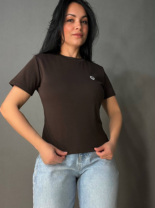 Футболка женская A-N 26048 базовая средняя длина классическая вышивка омега, коричневый, one size Киев - изображение 10