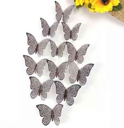Декоративні метелики сірі, на скотчі, в наборі 12штук різних розмірів, пластик Київ