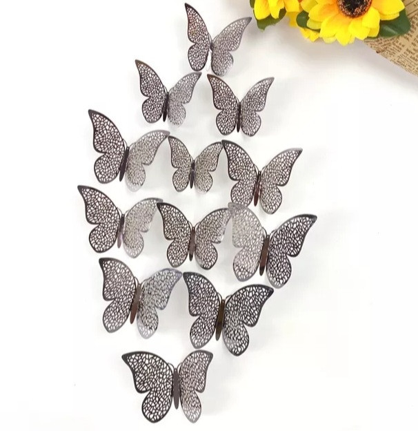 Декоративні метелики сірі, на скотчі, в наборі 12штук різних розмірів, пластик Київ - фото 1