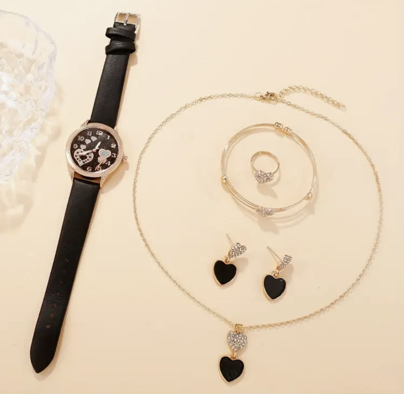 Подарочный набор для женщин Сердца наручные часы браслет кольцо ожерелье и серьги черный Киев - изображение 4