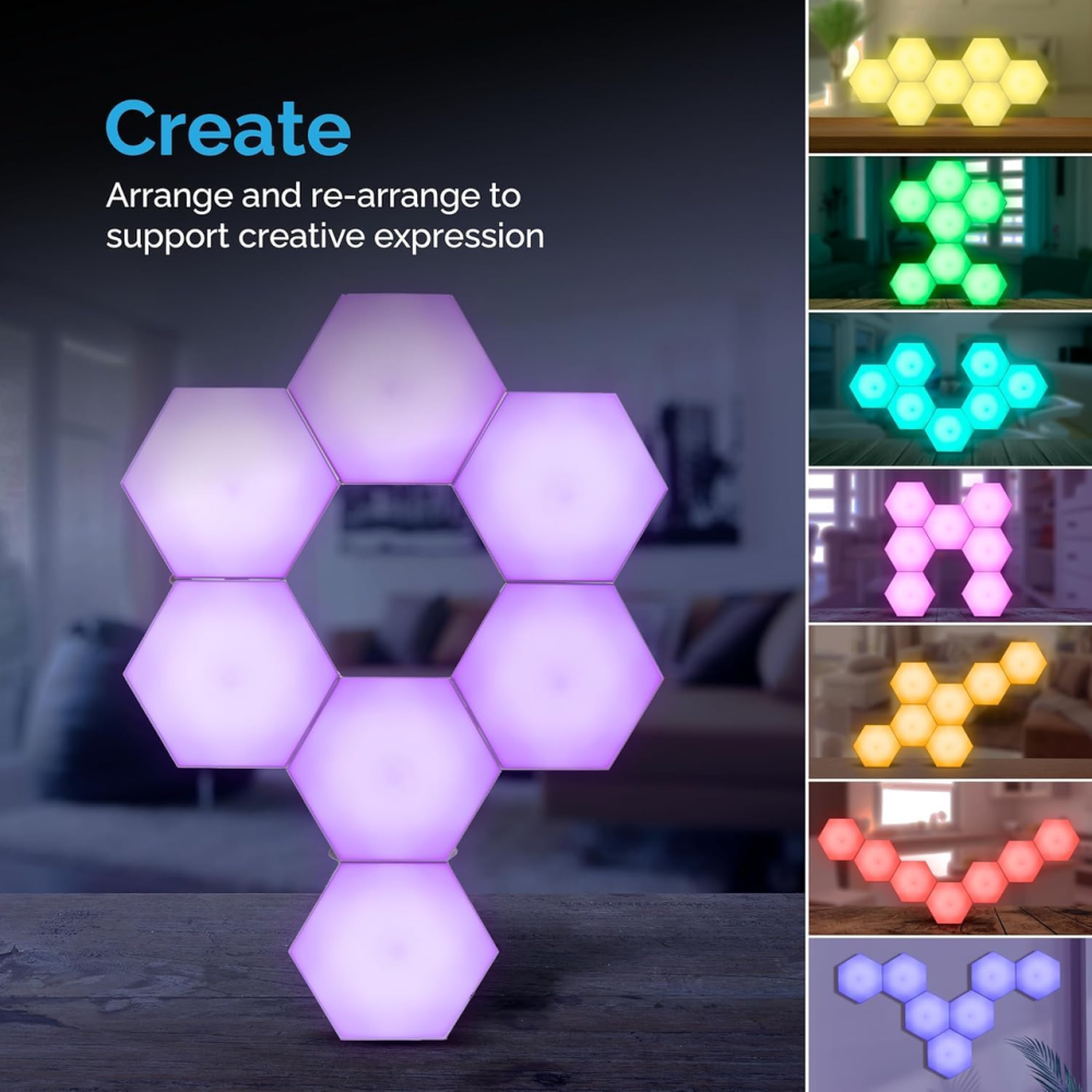 Сенсорні LED-світильники HEXlights, 7 шестикутних панелей, 13 кольорів, пульт ДК, настінні RGB-нічники Київ - фото 2