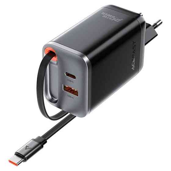 Мережевий зарядний пристрій ACEFAST A111 PD67W GaN charger(2*USB-C+USB-A) with retractable cable Black Одеса
