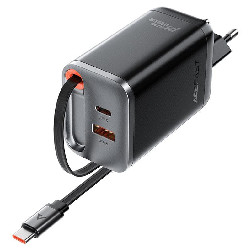 Мережевий зарядний пристрій ACEFAST A111 PD67W GaN charger(2*USB-C+USB-A) with retractable cable Black Одеса - фото 3