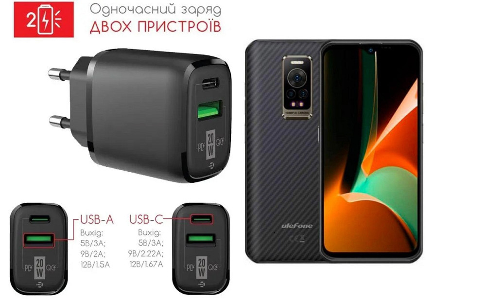 Сетевое зарядное устройство для Ulefone Armor 17 Pro, 20W 3A, Quick Charge 3.0 Киев - изображение 1