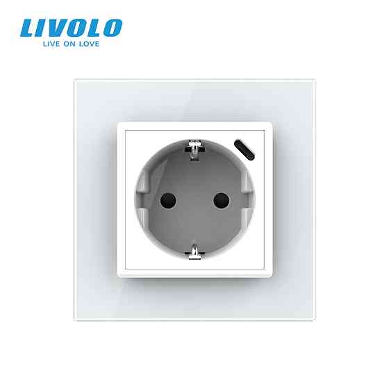LIVOLO Електрична розетка з USB Type-C 18Вт для зарядки, з заземленням, LIVOLO, біла, скляна ра Коломия