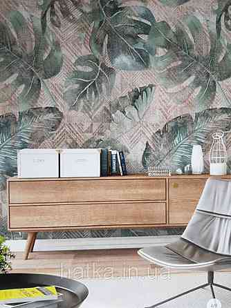 Шпалери вінілові Grandeco One roll one motif 2 A41801 панно великі листя манстеры зелені на бежевому Київ