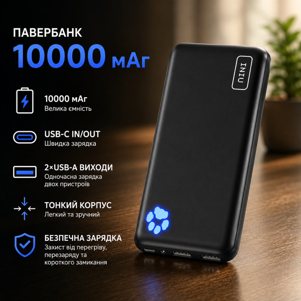 Power Bank INIU 10000 мАч, 3A быстрая зарядка, USB-C IN/OUT, 2×USB-A, 3 устройства, тонкий корпус, Black Киев - изображение 10