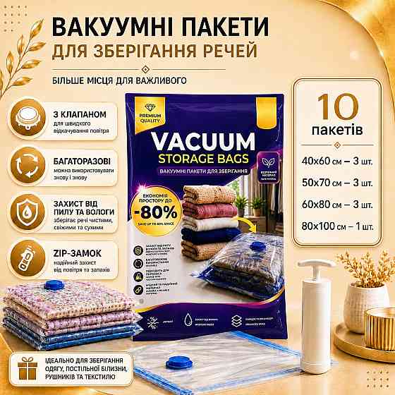 Вакуумные пакеты 10шт 1 ручной насос сезонного хранения одежды, одеял, подушек, постельного белья и объемного текстиля Каменец-Подольский