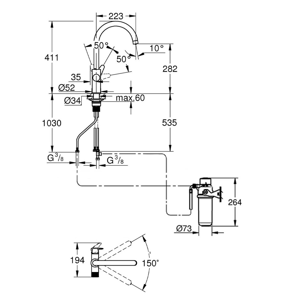 Змішувач для кухні Grohe Blue Pure StartCurve 30592000 з фільтром Blue S-Size 40404001 і головкою 64508001 Київ - фото 2