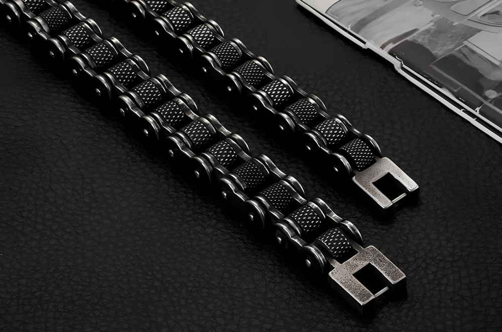 Чоловічий браслет RESTEQ з нержавіючої сталі у вигляді мотоциклетного ланцюга 23 см — чорний браслет зі сталі 316L Київ - фото 5